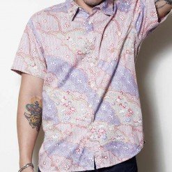 Mr.016 เสื้อเชิ้ตผู้ชายแขนสั้น ลายดอกสีม่วง