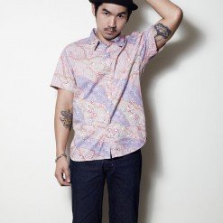Mr.016 เสื้อเชิ้ตผู้ชายแขนสั้น ลายดอกสีม่วง ทั้งตัว