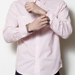 Mr.025 เสื้อเชิ้ตผู้ชายแขนยาว ลายสก็อตสีชมพูพาสเทล