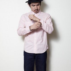Mr.025 เสื้อเชิ้ตผู้ชายแขนยาว ลายสก็อตสีชมพูพาสเทล ทั้งตัว