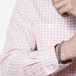 Mr.025 เสื้อเชิ้ตผู้ชายแขนยาว ลายสก็อตสีชมพูพาสเทล ผ้า