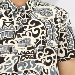 Mr.063 เสื้อเชิ้ตผู้ชาย แขนสั้น ลายรถบัส สีขาวดำ ผ้า