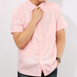 Mr.081 เสื้อเชิ้ตผู้ชายแขนสั้น ลายสก็อตสีชมพู ด้านหน้า