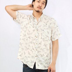 Mr.208 เสื้อเชิ้ตผู้ชายแขนสั้น ลายนกวินเทจสีขาว รูปหลัก
