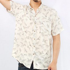 Mr.208 เสื้อเชิ้ตผู้ชายแขนสั้น ลายนกวินเทจสีขาว ด้านหน้า