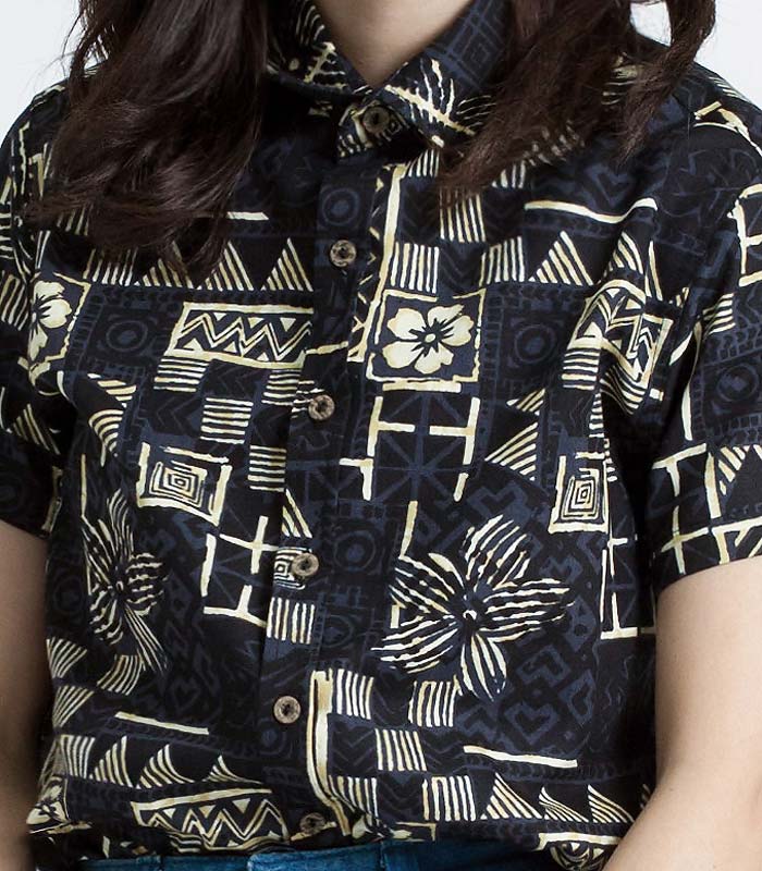 Mr.468 เสื้อเชิ้ตผู้หญิงแขนสั้น ลายดอก Abstract สีดำเหลือง - Image 5