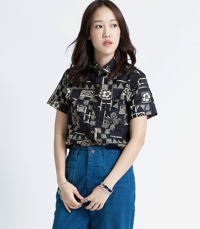 Mr.468 เสื้อเชิ้ตผู้หญิงแขนสั้น ลายดอก Abstract สีดำเหลือง - Image 3