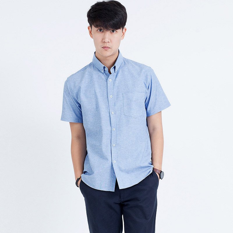 Mr.429 เสื้อเชิ้ตผู้ชายแขนสั้น ผ้าอ๊อกฟอร์ด สียีนส์น้ำเงิน