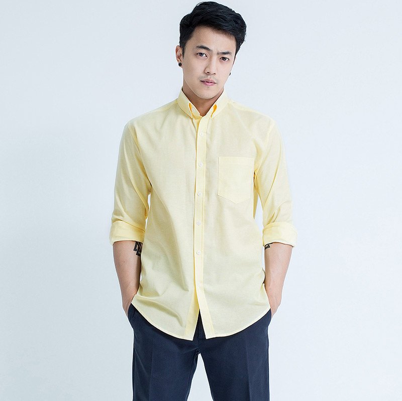 Mr.589 เสื้อเชิ้ตผู้ชายแขนยาว ผ้าอ๊อกฟอร์ด สีเหลือง พาสเทล