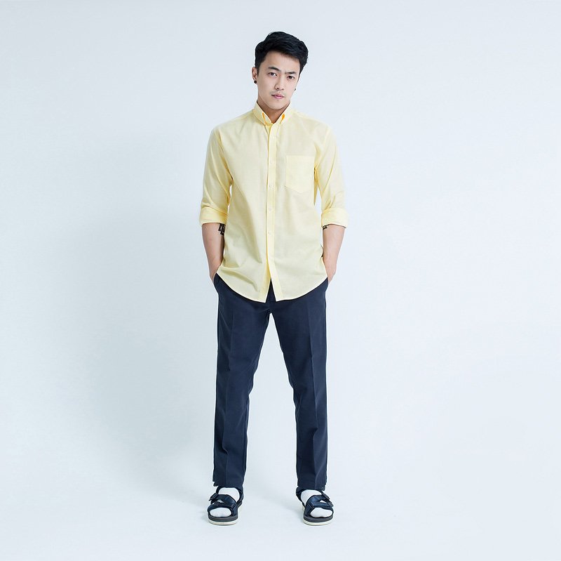 Mr.589 เสื้อเชิ้ตผู้ชายแขนยาว ผ้าอ๊อกฟอร์ด สีเหลือง พาสเทล - Image 4