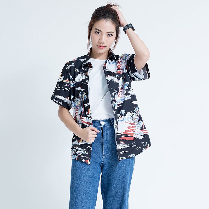 Mr.541 เสื้อเชิ้ตผู้หญิงแขนสั้น ลายฮาวาย Aloha Sunset สีดำ - Image 4