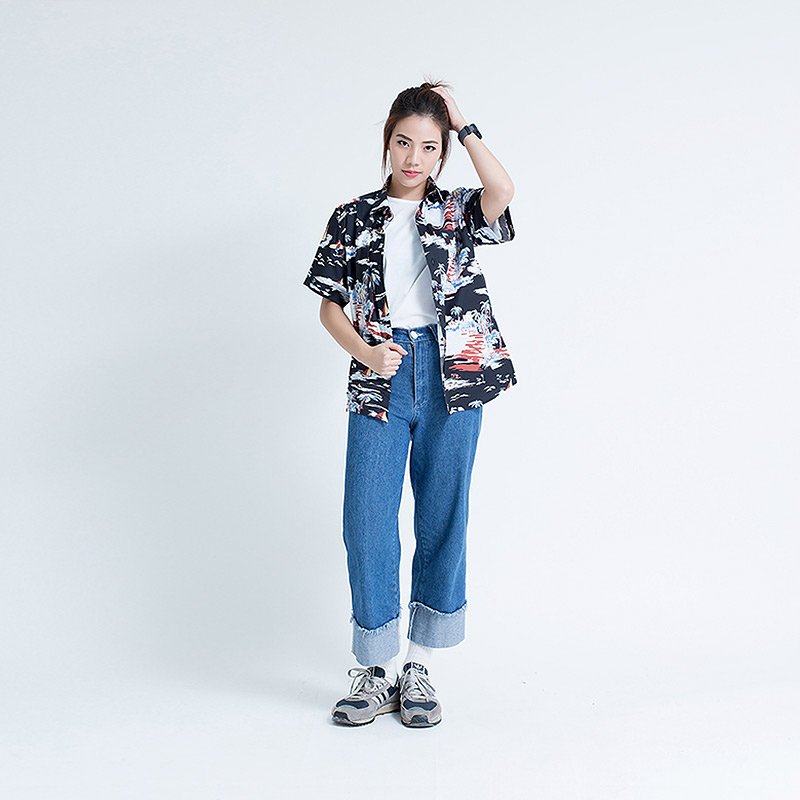 Mr.541 เสื้อเชิ้ตผู้หญิงแขนสั้น ลายฮาวาย Aloha Sunset สีดำ - Image 7