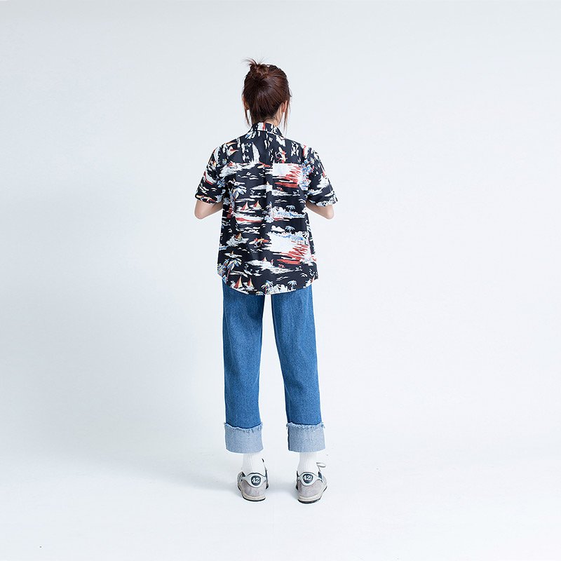 Mr.541 เสื้อเชิ้ตผู้หญิงแขนสั้น ลายฮาวาย Aloha Sunset สีดำ - Image 8