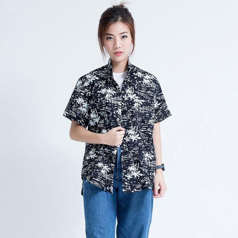 Mr.583 เสื้อเชิ้ตผู้หญิงแขนสั้น ลายฮาวาย BLACK ALOHAA สีดำ
