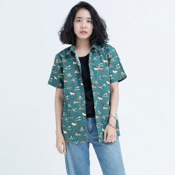 Mr.268 เสื้อเชิ้ตผู้หญิงแขนสั้น ลายเป็ดวินเทจสีเขียว