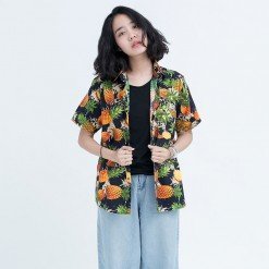 Mr.304 เสื้อเชิ้ตผู้หญิงแขนสั้น ลายสับปะรดสีส้มพื้นน้ำเงินเข้ม