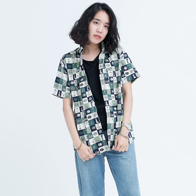 Mr.535 เสื้อเชิ้ตผู้หญิงแขนสั้น ลาย Anchor Sailor สีเขียว
