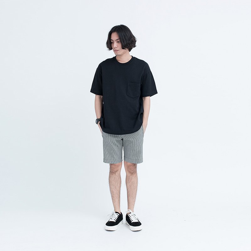 Sp.008 กางเกงขาสั้นผู้ชาย ผ้ายีนส์ริ้ว Workwear Stripe สียีนส์เทาอ่อน - Image 4