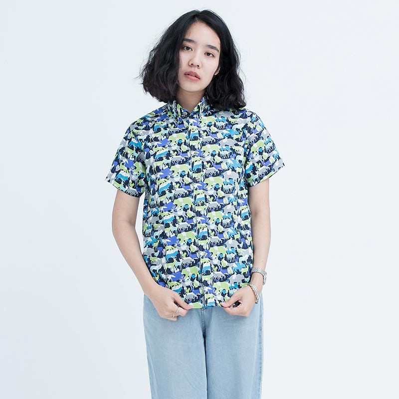 Mr.531 เสื้อเชิ้ตผู้หญิงแขนสั้น ลาย Safari Fancy สีเขียวน้ำเงิน