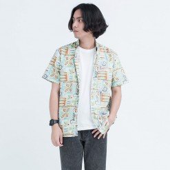 Mr.614 เสื้อเชิ้ตผู้ชายแขนสั้น ลายดอก Geometric Tiles สีเขียว