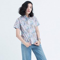 Mr.615 เสื้อเชิ้ตผู้หญิงแขนสั้น ลายดอก Geometric Tiles สีชมพูม่วง