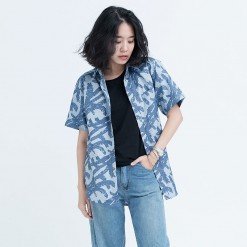 Mr.603 เสื้อเชิ้ตผู้หญิงแขนสั้น ลาย COCO Shadow สีนำ้เงิน