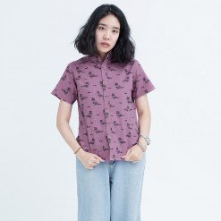 Mr.539 เสื้อเชิ้ตผู้หญิงแขนสั้น ลายจุดรูป Lilac Birdy สีม่วงเข้ม