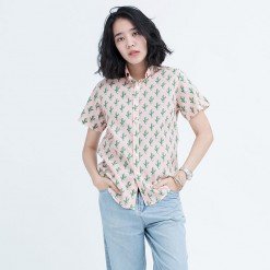 Mr.604 เสื้อเชิ้ตผู้หญิงแขนสั้น ลายจุด Tiny Cuctus สีชมพูส้ม