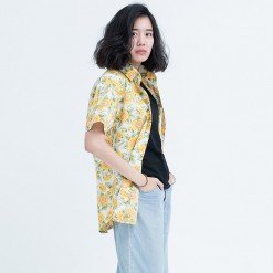 Mr.605 เสื้อเชิ้ตผู้หญิงแขนสั้น ลายดอก Sunflowers สีเหลือง