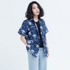Mr.609 เสื้อเชิ้ตผู้หญิงแขนสั้น ลาย Fujisan สีน้ำเงิน