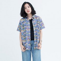 Mr.621 เสื้อเชิ้ตผู้หญิงแขนสั้น ลายฮาวาย Dog Island สีฟ้าม่วง