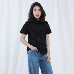 Mr.629 เสื้อเชิ้ตผู้หญิงแขนสั้น พื้นเรียบสี Super Black ดำ