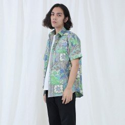 Mr.675 เสื้อเชิ้ตผู้ชายแขนสั้น ลายฮาวาย NEON ALOHAA สีเขียวฟ้า