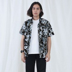Mr.656 เสื้อเชิ้ตผู้ชายแขนสั้น ลายฮาวาย Bamboo Leaf  สีดำ