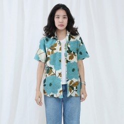 Mr.659 เสื้อเชิ้ตผู้หญิงแขนสั้น ลายดอก Vintage Floral สีเขียว