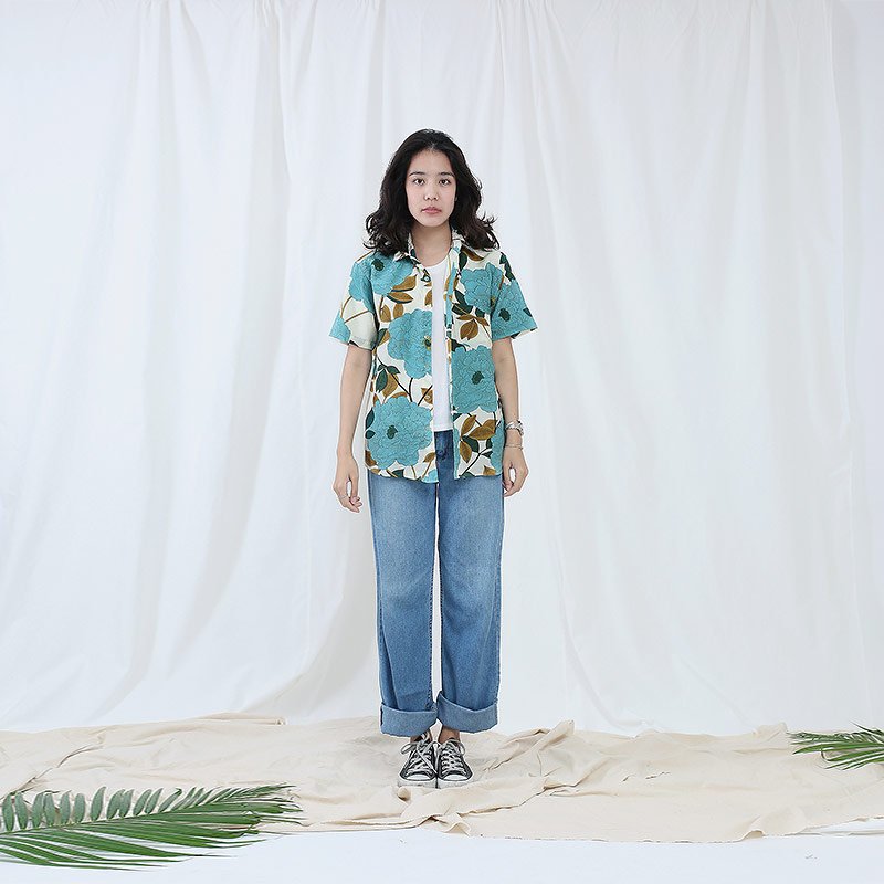 Mr.659 เสื้อเชิ้ตผู้หญิงแขนสั้น ลายดอก Vintage Floral สีเขียว - Image 4