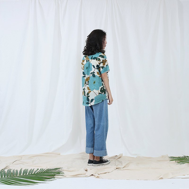 Mr.659 เสื้อเชิ้ตผู้หญิงแขนสั้น ลายดอก Vintage Floral สีเขียว - Image 5