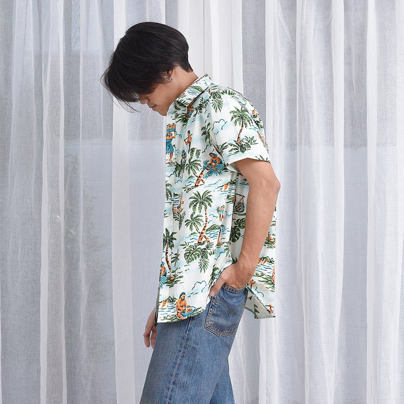 Mr.702 เสื้อเชิ้ตผู้ชายแขนสั้น ลายฮาวาย Hawaii Tribe สีเขียวพื้นสีขาว