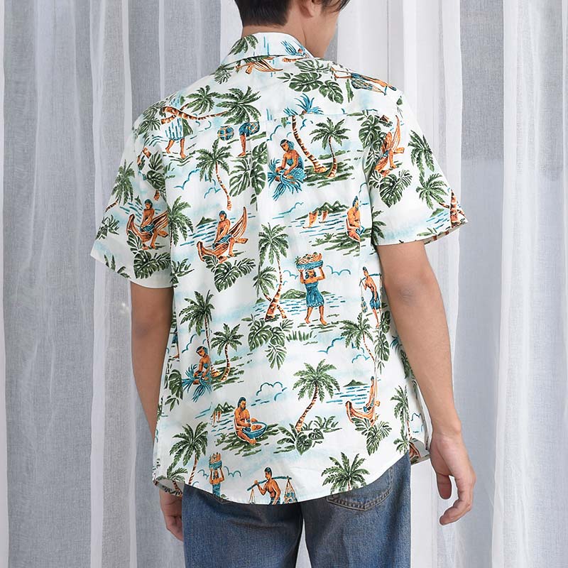 Mr.702 เสื้อเชิ้ตผู้ชายแขนสั้น ลายฮาวาย Hawaii Tribe สีเขียวพื้นสีขาว - Image 3