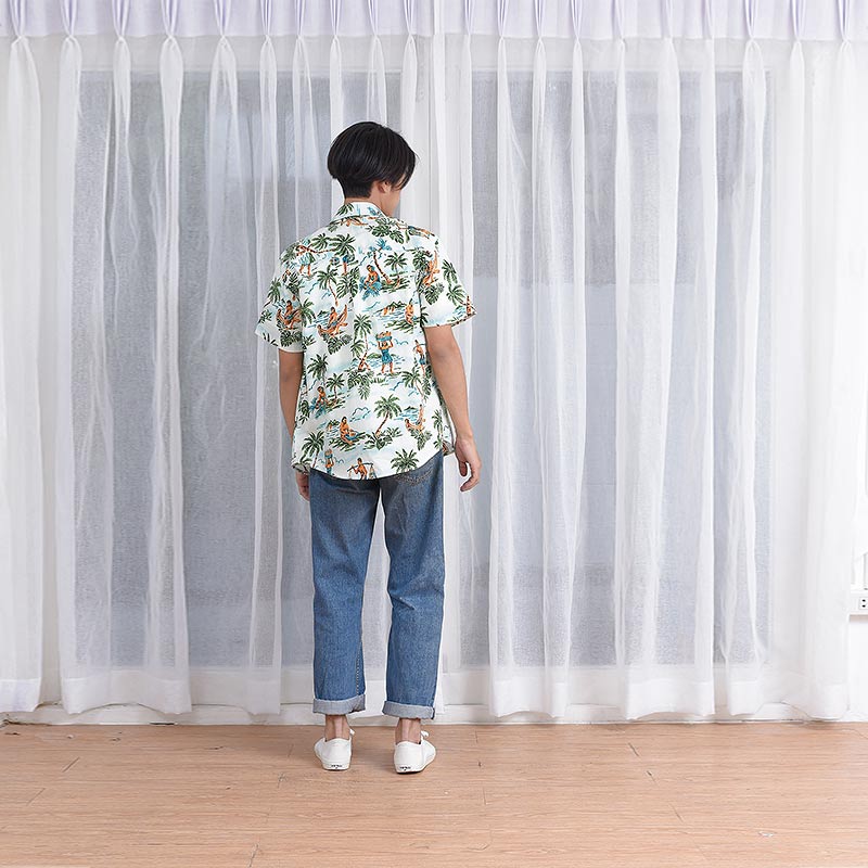 Mr.702 เสื้อเชิ้ตผู้ชายแขนสั้น ลายฮาวาย Hawaii Tribe สีเขียวพื้นสีขาว - Image 5