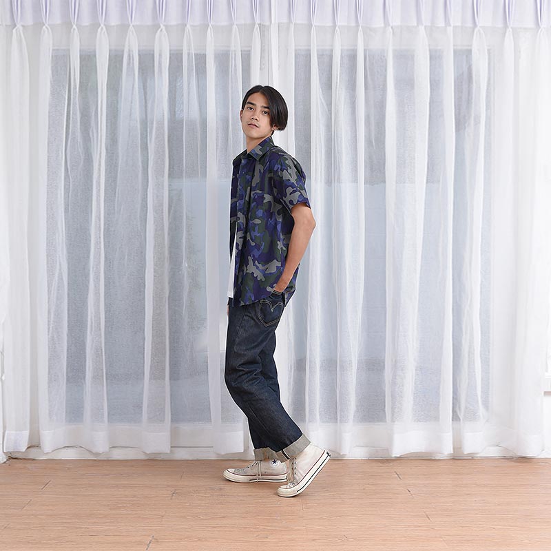 Mr.690 เสื้อเชิ้ตผู้ชายแขนสั้น ลายพราง Camo Stripe สีม่วงเขียว - Image 4