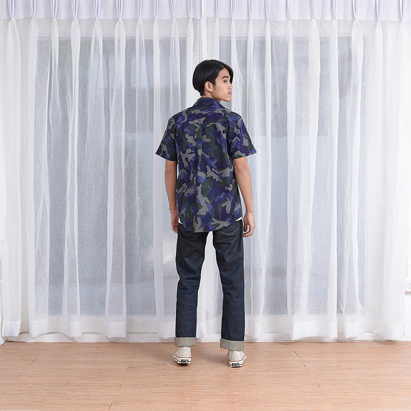 Mr.690 เสื้อเชิ้ตผู้ชายแขนสั้น ลายพราง Camo Stripe สีม่วงเขียว - Image 5