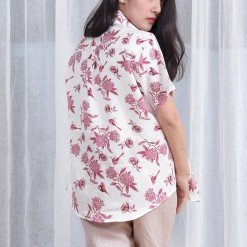 Alternative view of Mr.693 เสื้อเชิ้ตผู้หญิงแขนสั้น ลายดอก Linen Pink Floral สีชมพูพื้นขาว