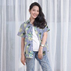 Mr.694 เสื้อเชิ้ตผู้หญิงแขนสั้น ลายทางฮาวาย Blue Pineapple สีขาวน้ำเงิน