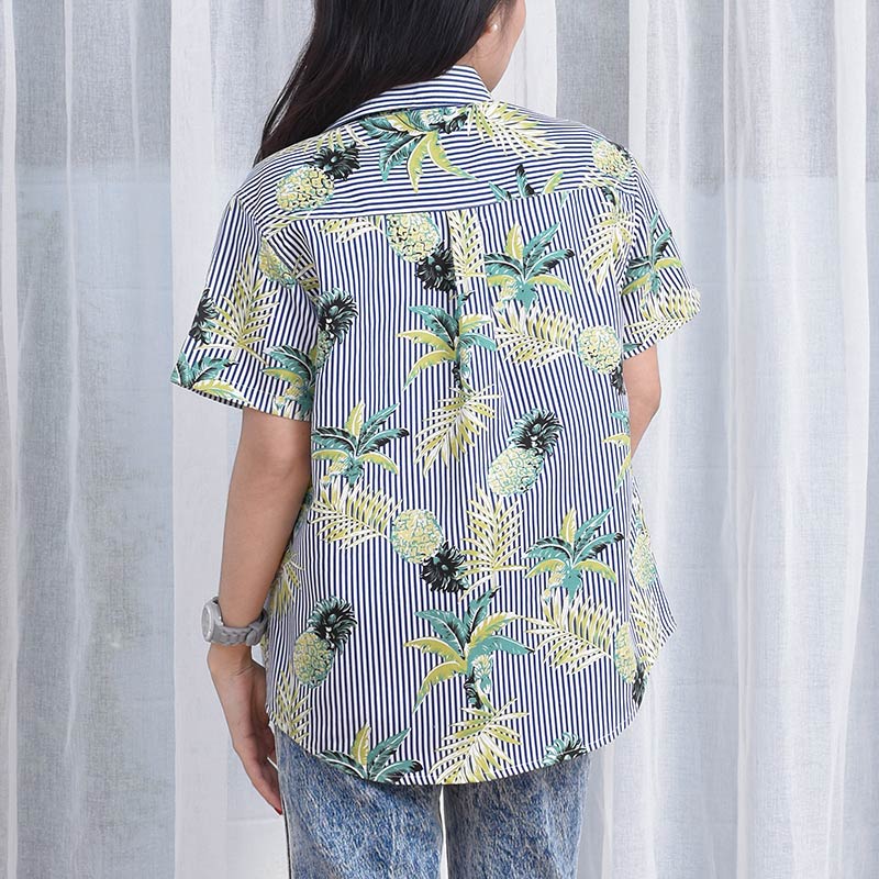 Mr.694 เสื้อเชิ้ตผู้หญิงแขนสั้น ลายทางฮาวาย Blue Pineapple สีขาวน้ำเงิน - Image 2