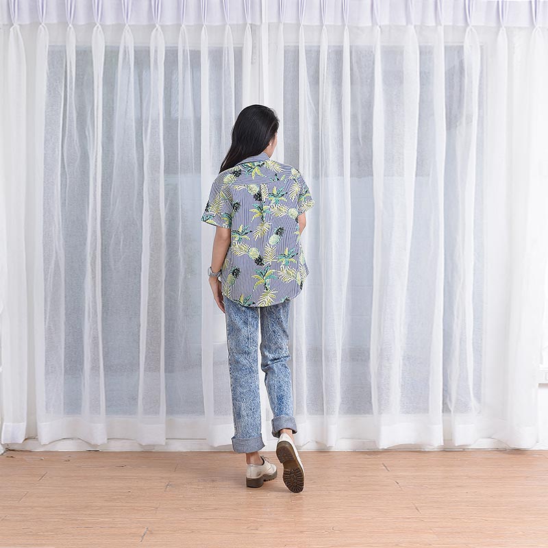 Mr.694 เสื้อเชิ้ตผู้หญิงแขนสั้น ลายทางฮาวาย Blue Pineapple สีขาวน้ำเงิน - Image 5