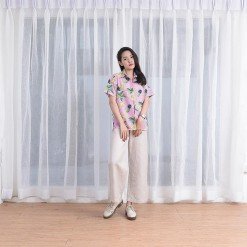 Mr.695 เสื้อเชิ้ตผู้หญิงแขนสั้น ลายทางฮาวาย Pink Pineapple สีขาวชมพู - Image 4