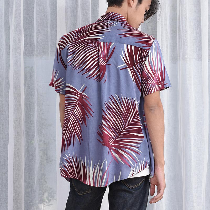 Mr.696 เสื้อเชิ้ตผู้ชายแขนสั้น ลายฮาวาย Red Leaves สีแดงพื้นสีม่วง - Image 2