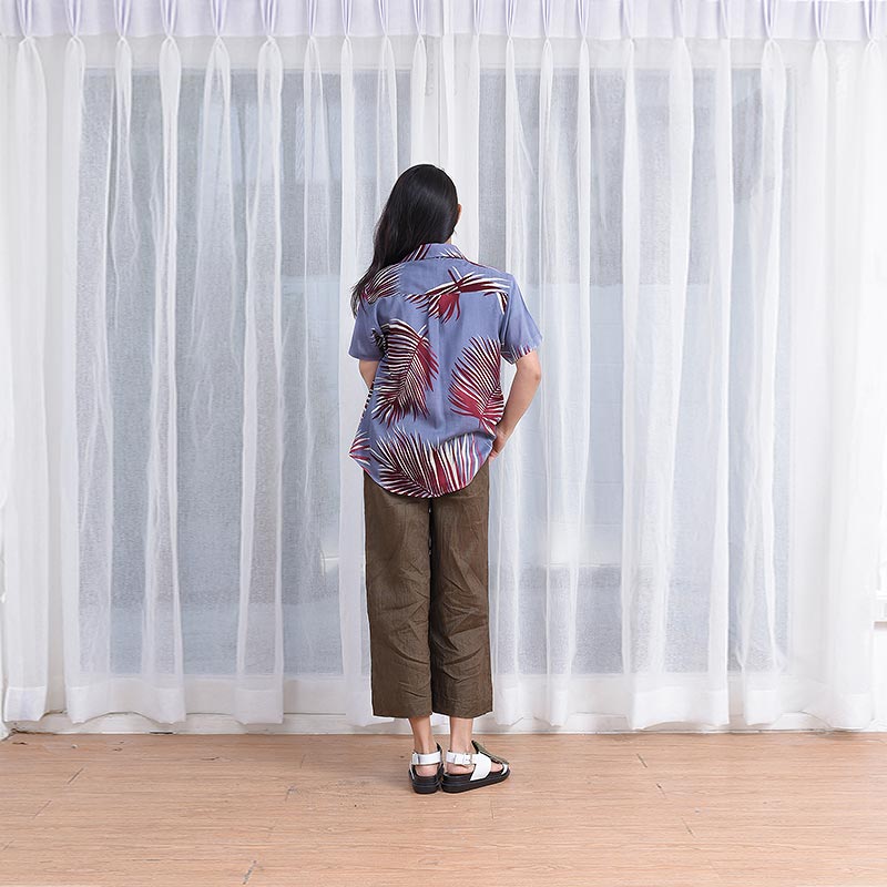 Mr.696 เสื้อเชิ้ตผู้หญิงแขนสั้น ลายฮาวาย Red Leaves สีแดงพื้นสีม่วง - Image 5