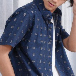 Alternative view of Mr.701 เสื้อเชิ้ตผู้ชายแขนสั้น ลายจุด Paisley Herringbone สีกรมน้ำเงิน